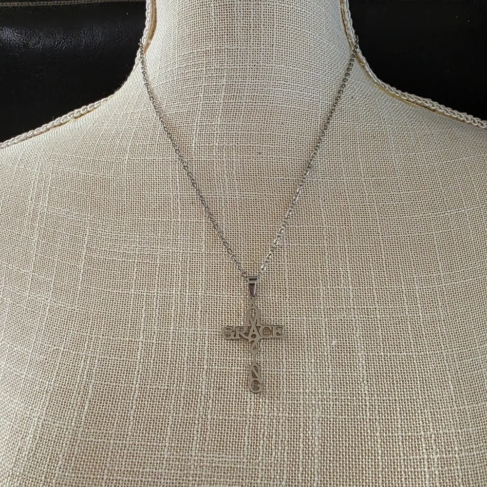 Silver Tone Cross Necklace Amazing Grace Inspirational Religious Jewelry‎